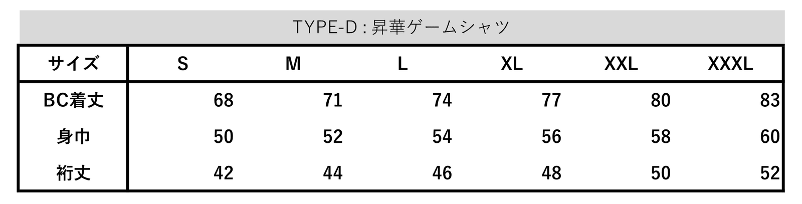 レプリカユニフォーム サイズ表（S・M・L・XL・XXL・XXXL、着丈・身巾・裄丈の寸法一覧）